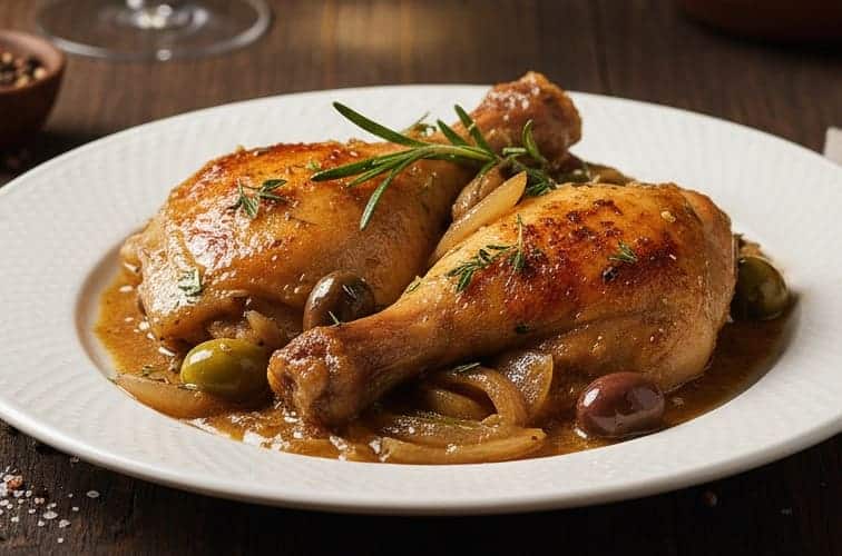 Hähnchen in Weißwein italienisch – Ein Klassiker der Cucina Italiana 3 Haehnchen in Weisswein italienisch auf einem Teller