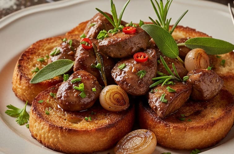 Huehnerleber italienische Art auf Brot angerichtet 1