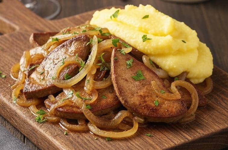 Kalbsleber venezianische Art mit Polenta serviert