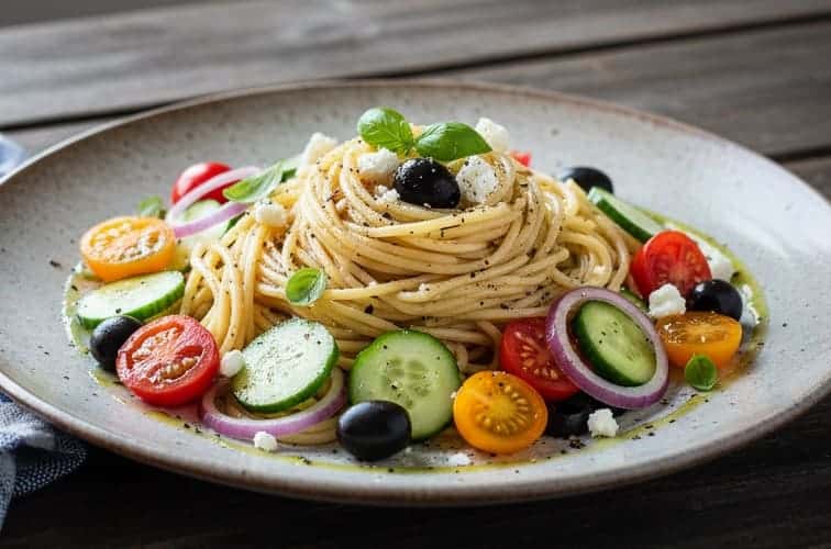 Kalte Spaghetti Salat besonders apettitlich angerichtet