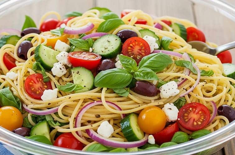 Kalte Spaghetti Salat leichtes Gericht in einer kalten Variante