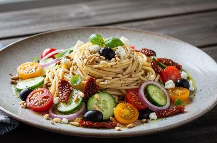 Kalte Spaghetti Salat mit Pinienkernen und getrockneten Tomaten