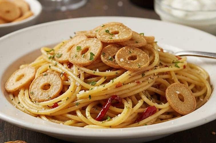 Knusprige Knoblauchchips – einfaches Rezept für würzigen Snack 4 Knoblauchchips auf Pasta serviert