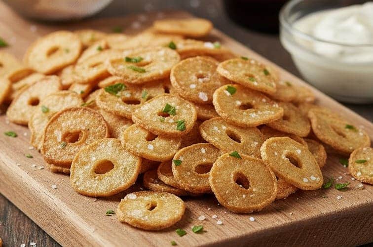 Knusprige Knoblauchchips – einfaches Rezept für würzigen Snack 3 Knoblauchchips auf einem Brett angerichtet