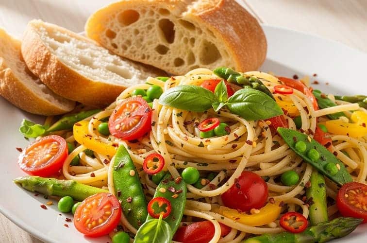 Linguine Primavera mit Chiliflocken und Ciabatta