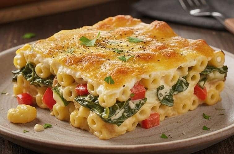 Makkaroni Auflauf vegetarisch auf einem Teller angerichtet