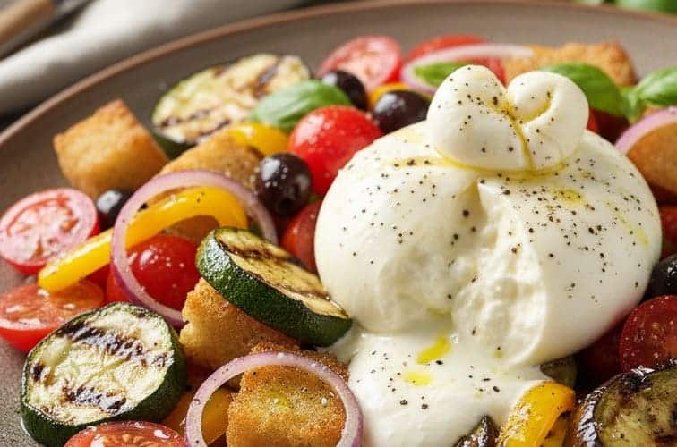 Panzanella in einer Variante mit Burrata und gegrilltem Gemuese