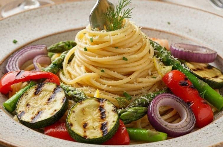 Pasta mit Spargel und Garnelen und gegrilltem Gemuese