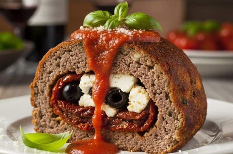 Polpettone gefuellt mit getrockneten Tomaten Oliven und Feta