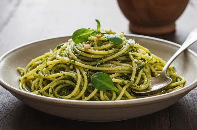 Postelein Pesto auf Pasta serviert