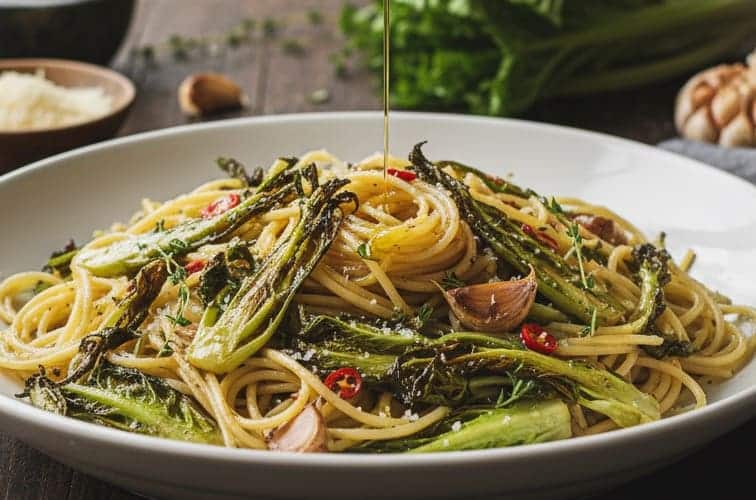 Puntarelle Rezept gebraten mit Pasta angerichtet