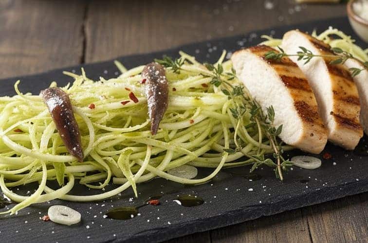 Puntarelle alla Romana mit gegrilltem Haehnchen serviert