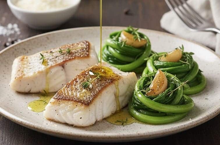 Puntarelle geduenstet mit Fisch angerichtet