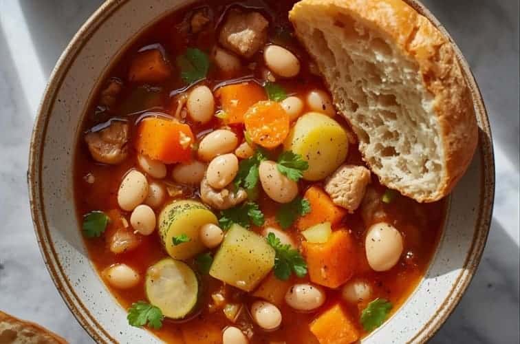 Sardische Minestrone Rezept – Traditionell & Mediterran genießen 4 Sardische Minestrone mit Ciabatta serviert