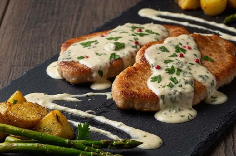 Scaloppine Gorgonzola – Zarte Kalbsschnitzel in cremiger Blauschimmelsauce 3 Scaloppine Gorgonzola mit Kartoffeln und Spargel angerichtet