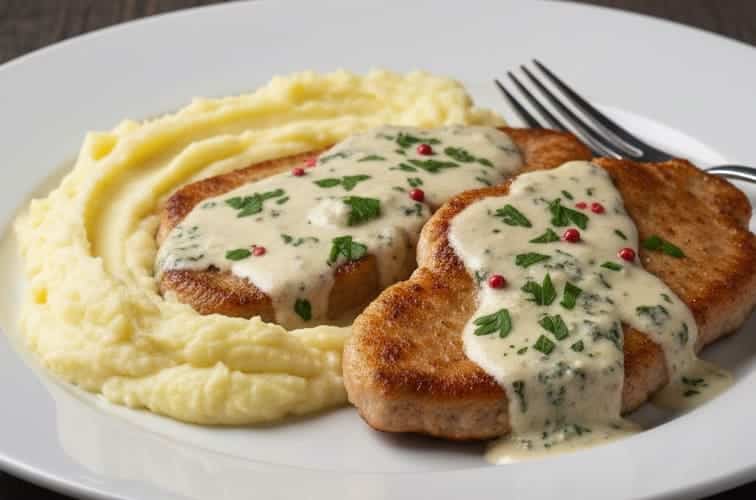 Scaloppine Gorgonzola – Zarte Kalbsschnitzel in cremiger Blauschimmelsauce 4 Scaloppine Gorgonzola mit Kartoffelpuerree
