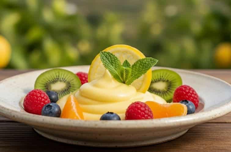 Sizilianische Zitronencreme mit Fruechten serviert