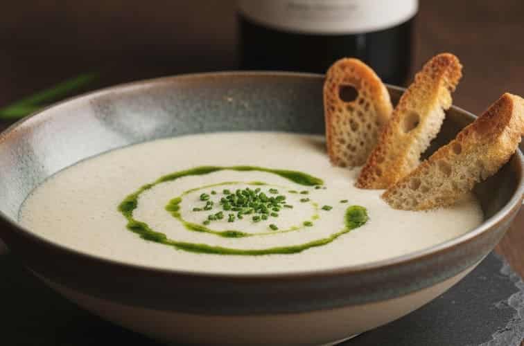 Terlaner Weinschaumsuppe in einer Schuessel angerichtet