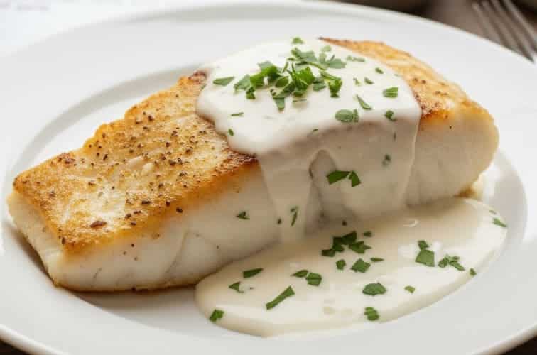 Weisswein Sahne Sosse Rezept auf Fisch angerichtet