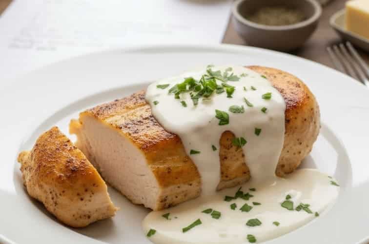 Weisswein Sahne Sosse Rezept mit Haehnchen serviert