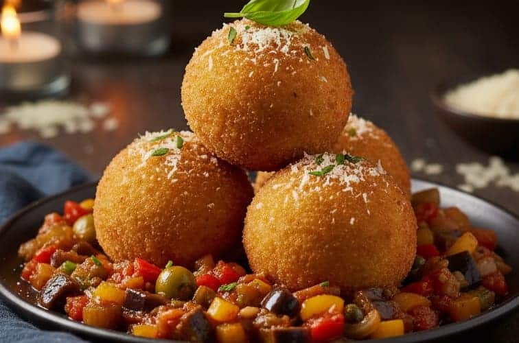 sizilianische Spezialitaeten Arancini auf Caponata serviert