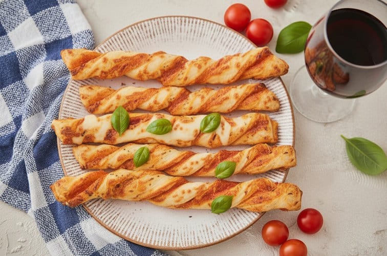 Pizzastangen aus Pizzateig – der italienische Klassiker in Stangenfor (vegetarisch) 3 Pizzastangen aus Pizzateig serviert mit Rotwein