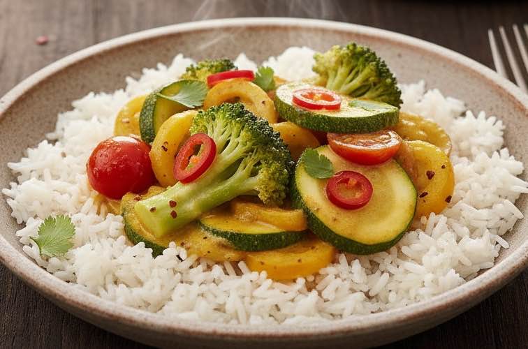 Brokkoli Zucchini Pfanne Curry – mediterrane Leichtigkeit mit exotischem Twist 3 Brokkoli Zucchini Pfanne Curry auf einem Teller angerichtet