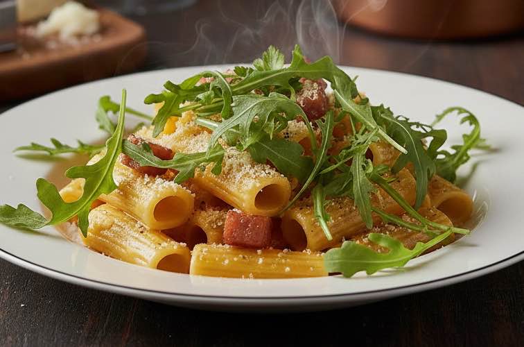 Carbonara Rigatoni mit Rucola
