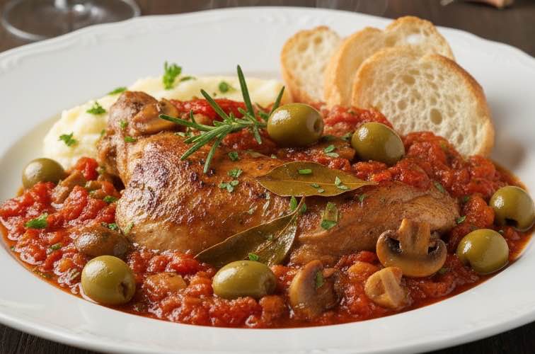 Coniglio alla Cacciatore – Traditioneller italienischer Hasenbraten nach Jägerart 3 Coniglio alla Cacciatore mit Ciabatta angerichtet
