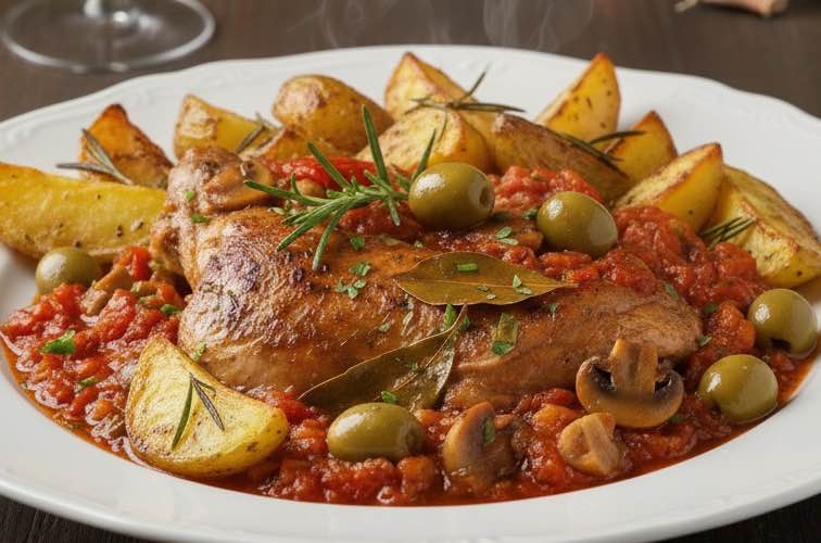 Coniglio alla Cacciatore – Traditioneller italienischer Hasenbraten nach Jägerart 4 Coniglio alla Cacciatore mit Kartoffeln angerichtet