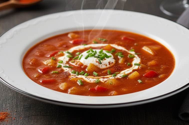 Cremige Paprikasuppe mit Kartoffeln in einem Teller
