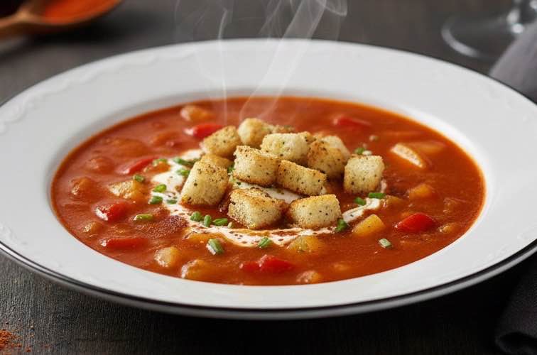 Cremige Paprikasuppe mit Kartoffeln mit Kräutercroutons