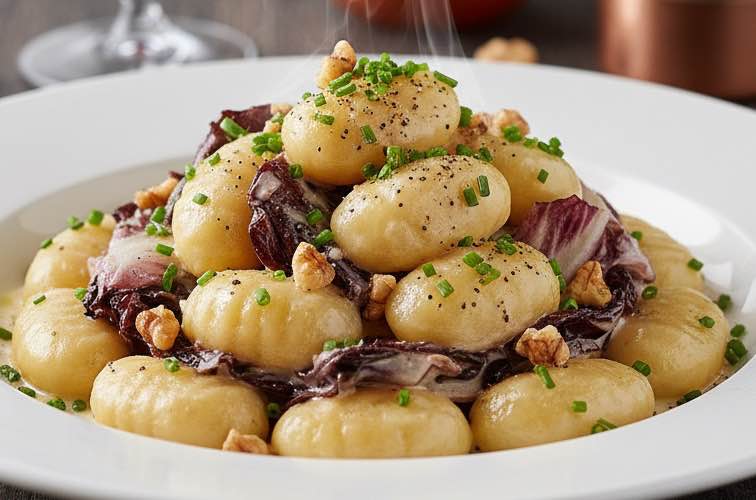 Gnocchi al Gorgonzola – cremig, herzhaft und typisch norditalienisch 4 Gnocchi al Gorgonzola mit Radicchio und Nüssen angerichtet