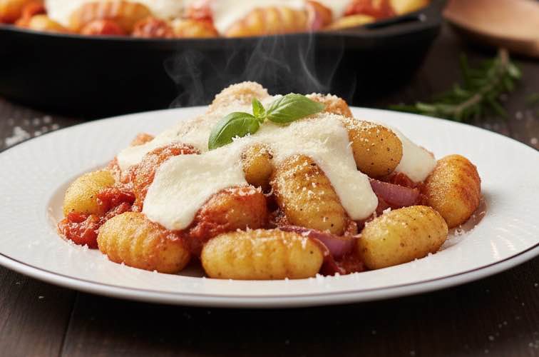 Knusprige Gnocchi Backofen auf einem Teller angerichtet