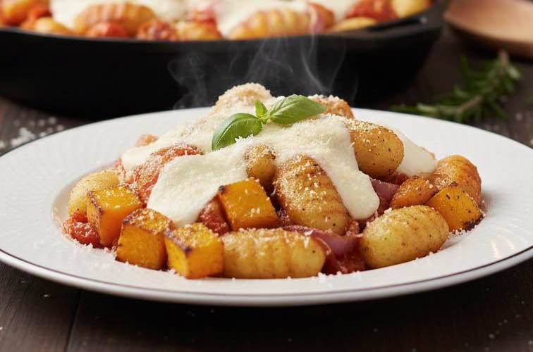 Knusprige Gnocchi Backofen mit Kürbis