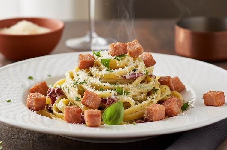 Pasta Gorgonzola Radicchio mit Pancetta Würfel