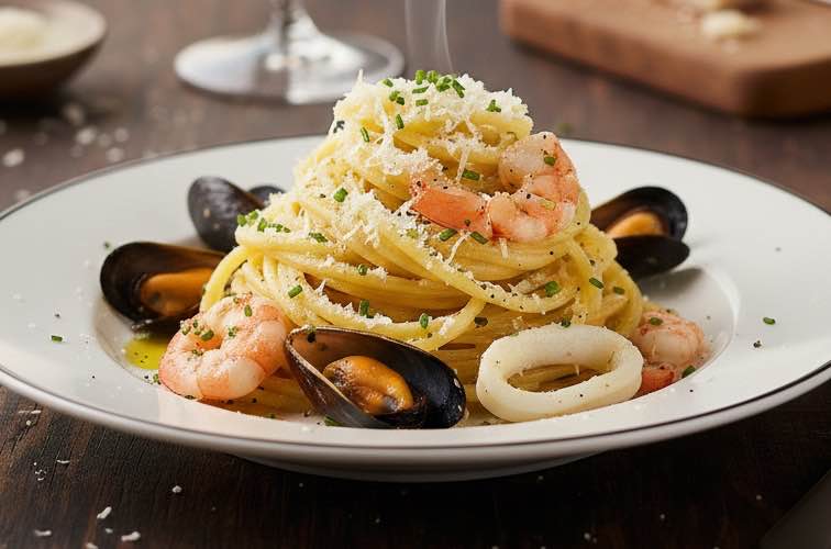 Pasta mit Trüffelbutter mit Meeresfrüchten