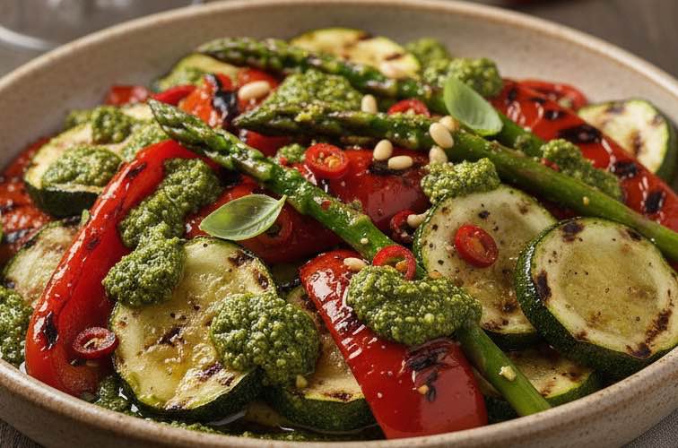 Pesto Arrabbiata – Die feurige Würze der italienischen Küche 4 Pesto Arrabbiata mit gegrilltem Gemüse serviert