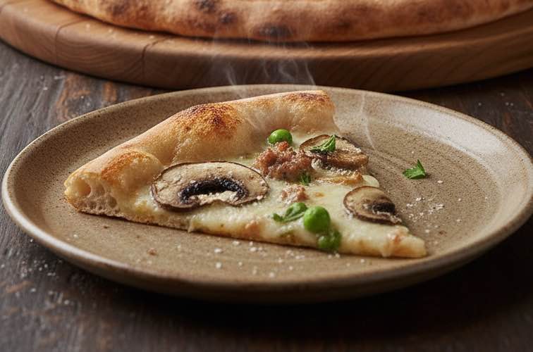 Pizza Boscaiola: Das Originalrezept mit Pilzen & Salsiccia 3 Pizza Boscaiola auf einem Teller