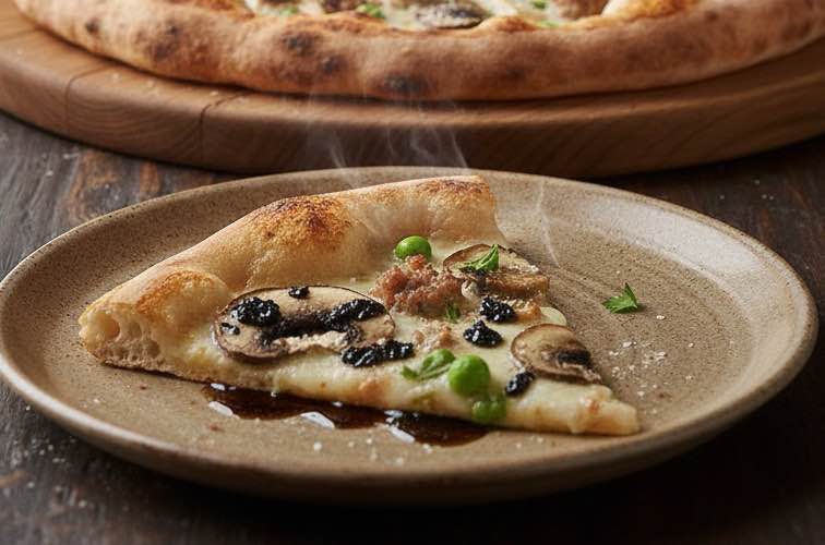 Pizza Boscaiola: Das Originalrezept mit Pilzen & Salsiccia 4 Pizza Boscaiola mit Trüffelöl beträufelt