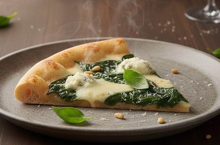 Pizza Gorgonzola Spinat ein Stück auf einem Teller