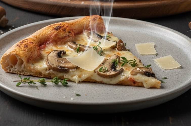 Pizza Porcini ein Stück Pizza auf einem Teller