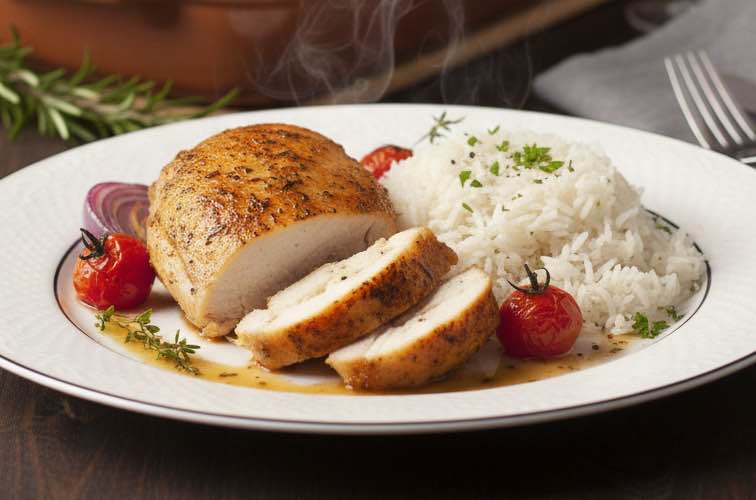 Pollo Fino Ofen mit Reis auf einem Teller angerichtet