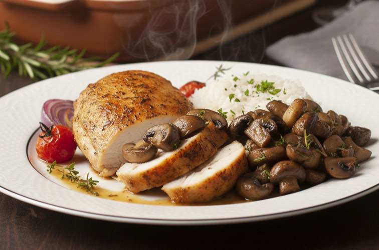 Pollo Fino Ofen mit Reis mit Pilzen angerichtet