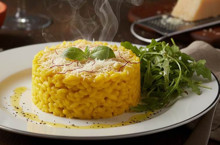 Risotto allo Zafferano mit Salat angerichtet