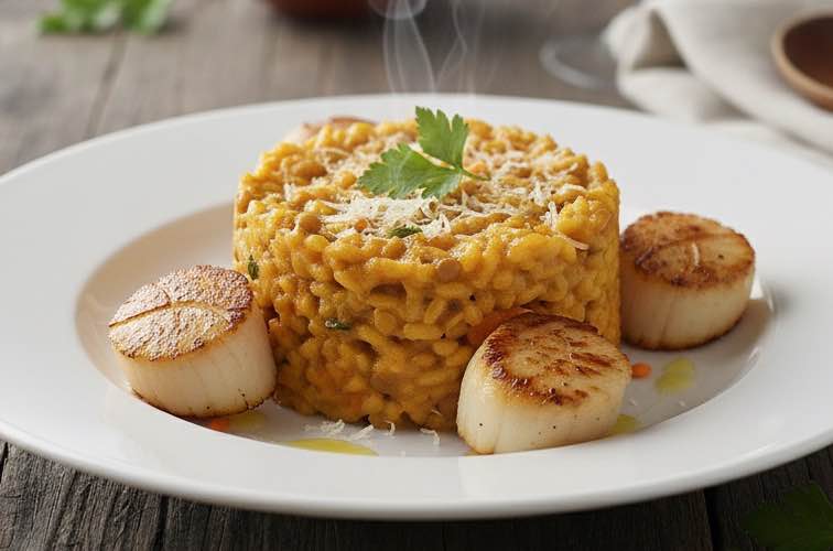 Risotto mit roten Linsen mit gegrillten Jakobsmuscheln