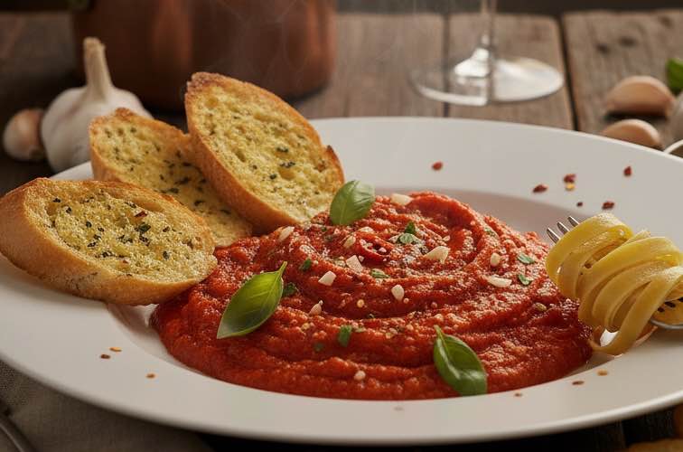 Salsa all'arrabbiata – die feurige italienische Sauce 4 Salsa all'arrabbiata mit Knoblauchbrot angerichtet