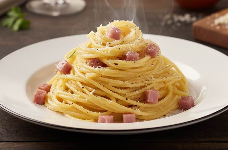 Spaghetti Carbonara mit Schinken und Ei – Cremiges italienisches Klassiker-Rezept 3 Spaghetti Carbonara mit Schinken und Ei besonder angerichtet