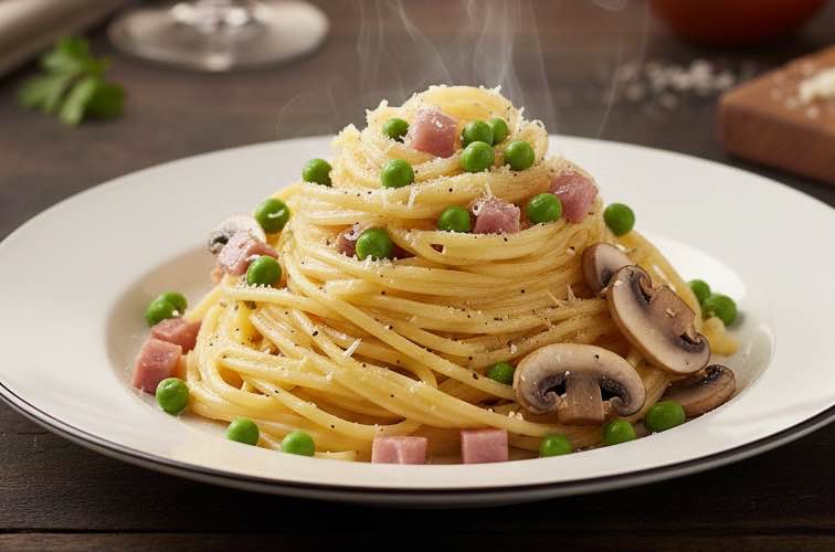 Spaghetti Carbonara mit Schinken und Ei – Cremiges italienisches Klassiker-Rezept 4 Spaghetti Carbonara mit Schinken und Ei mit Erbsen und Pilzen