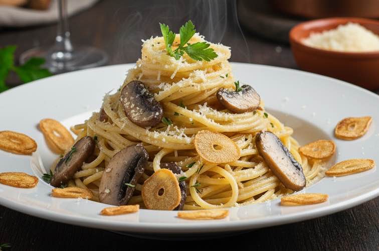 Spaghetti Porcini mit Knoblauchchips